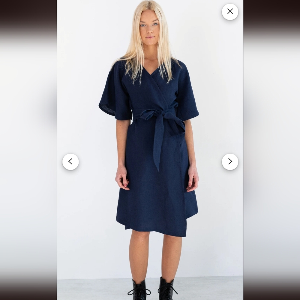 Kimono linen wrap dress navy